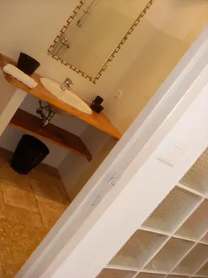 a bathroom with a sink and a mirror at Côté Lac Tolla in Tolla