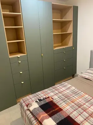 a bedroom with green cabinets and a bed with a blanket at Charmant appartement hyper centre in Ajaccio