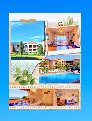 a collage of pictures of a house and a swimming pool at Studio les pieds dans l'eau in San-Nicolao