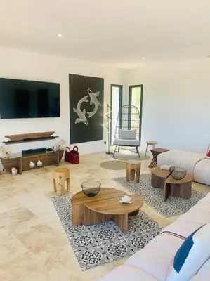 a living room with a couch and tables and a tv at Villa vue mer et piscine privée in Sari Solenzara