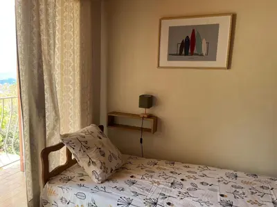 a bedroom with a bed with a pillow and a window at Maison indépendante Haute-Corse mer et montagne in Santo-Pietro-di-Tenda