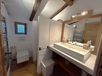 a bathroom with a sink and a toilet and a mirror at Villa de type bergerie 3 chambres avec piscine in Sotta
