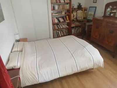 a bedroom with a white bed and a book shelf at Maisonnette in Albertacce