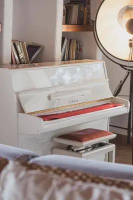 an open white piano in a room with a lamp at Villa Puccinelli in Porto-Vecchio