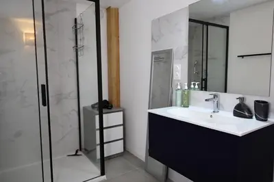 a bathroom with a sink and a shower at Perla di Mare - T3 avec piscine et accès plage in Viagenti