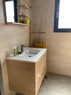 a small bathroom with a sink and a window at Villa des Chênes in Figari