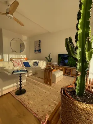 a living room with a couch and a cactus at Appartement Marinella route des Sanguinaires Corse in Ajaccio