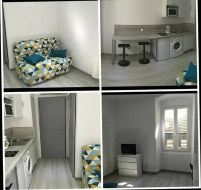 three pictures of a kitchen and a living room at studio centre ville in Ajaccio