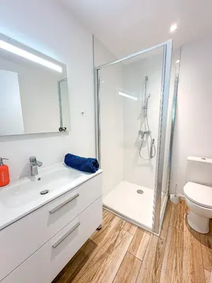 a white bathroom with a shower and a toilet at Casa Luna Di Santa Lucia in Sainte-Lucie de Porto-Vecchio
