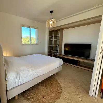 a bedroom with a bed and a flat screen tv at Très beau T3 5 min plage à pieds in Albitreccia