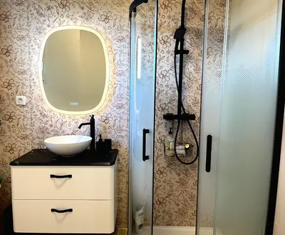 a bathroom with a sink and a shower at Très beau T3 5 min plage à pieds in Albitreccia