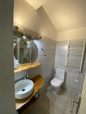 a bathroom with a white sink and a toilet at Mini villa avec jardin in Borgo