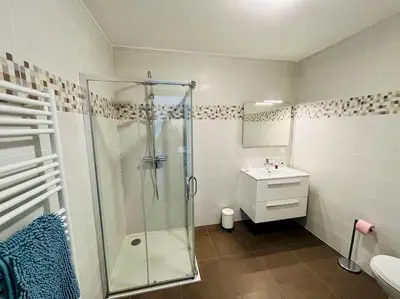 a bathroom with a shower and a sink at Superbe T3 front de mer au centre de Propriano in Propriano