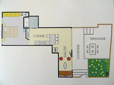a floor plan of a house with at So Leil So Fun à Porticcio - 45m2 - Grand lit 180 - Plage à pied - Wifi fibre - Terrasse in Porticcio