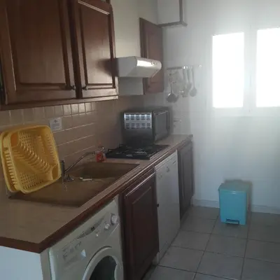 a kitchen with a sink and a washing machine at Residence les Lavandes in Olmeto