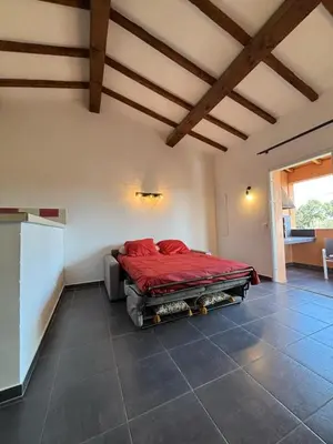 a bedroom with a red bed in a room at Casapiana 7 in San-Gavino-di-Carbini