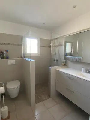 a bathroom with a toilet and a sink and a shower at Maison bord de mer en Corse in Borgo