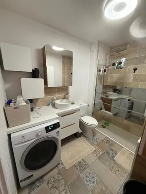 a bathroom with a washing machine and a toilet at Villa désirée à Santa Maria Poggio in Santa-Maria-Poggio