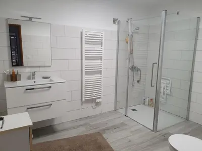 a white bathroom with a shower and a sink at Grande Maison de Village in Sollacaro