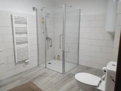 a bathroom with a shower and a toilet at Grande Maison de Village in Sollacaro