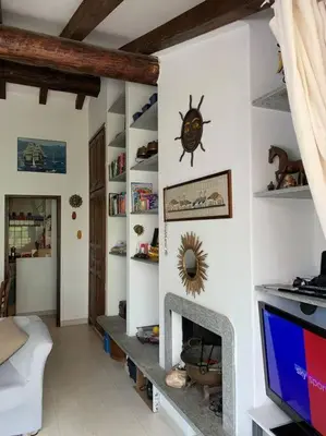 a living room with a fireplace and a tv at Piana in Porto-Vecchio