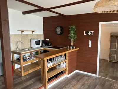 a kitchen with wooden walls and a counter with a sink at CHALET de la plage in Porticcio