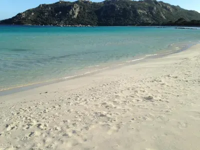 a beach with the ocean and mountains in the background at Les Terrasses Du Grand Large in Porto Pollo