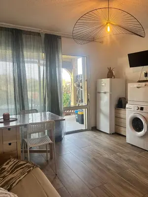 a living room with a couch and a table at Appartement au bord de mer in Ghisonaccia