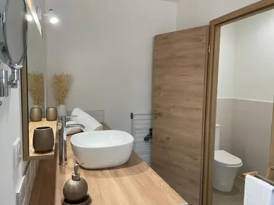a bathroom with a white bowl sink on a wooden counter at Patios di Pruno Studio NINO in Figari