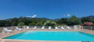 a view of a swimming pool with flowers in the foreground at Porto Vecchio - Résidence RIVIERA- Villa Lecci in Lecci