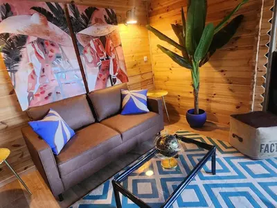 a living room with a couch and a potted plant at Crique privée in Conca