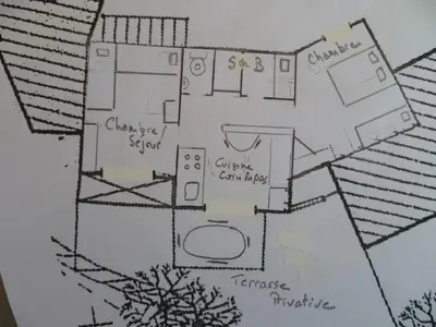 a drawing of a floor plan of a house at I Caselli, mini villa Vue Mer dans résidence calme et arborée in Lecci