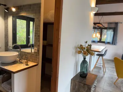 a bathroom with a sink and a vase of flowers on a table at Casa Lesia - Mini-Villa proche des plages in Viggianello