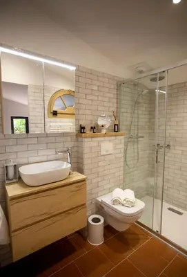 a bathroom with a toilet and a sink and a shower at Villa Les Granges Classé 5 Étoiles in Antisanti