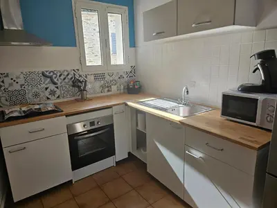 a kitchen with a sink and a microwave at Casa di JF in Olmeta-di-Tuda