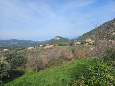 a green hillside with houses and mountains in the background at Casa di JF in Olmeta-di-Tuda