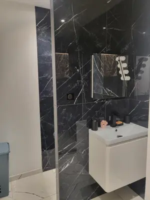 a bathroom with a black tiled shower and a sink at Solenzara T2 rez de villa, vue mer, proximité plage et village in Sari Solenzara