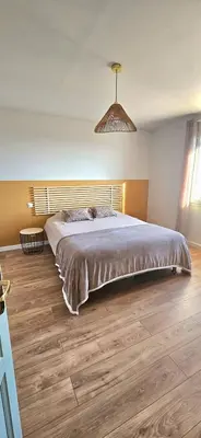 a bedroom with a large bed with a cat laying on it at Spacieux haut de villa 3 chambres Venaco in Venaco