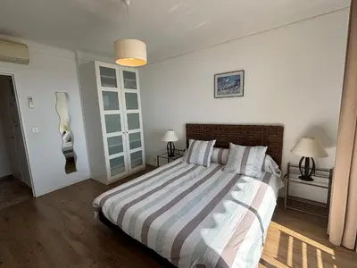 a bedroom with a large bed with a striped blanket at Appartement Parc Belvédère Ajaccio in Ajaccio