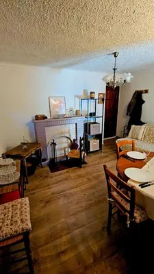 a living room with wooden floors and tables and a couch at Splendide T2 Piana in Piana