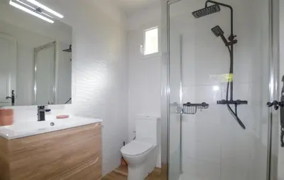 a bathroom with a shower and a toilet and a sink at Charmant T2 à la campagne in Riventosa