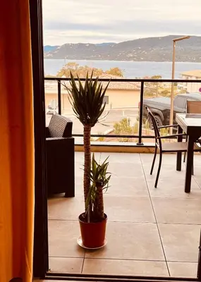 a potted plant sitting on a balcony with a view of the beach at Superbe T3 vue mer in Propriano