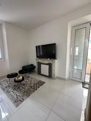 a living room with a fireplace and a flat screen tv at Superbe appartement en centre ville in Corte