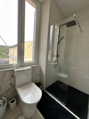 a bathroom with a toilet and a glass shower at Superbe appartement en centre ville in Corte