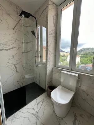 a white bathroom with a toilet and a shower at Superbe appartement en centre ville in Corte