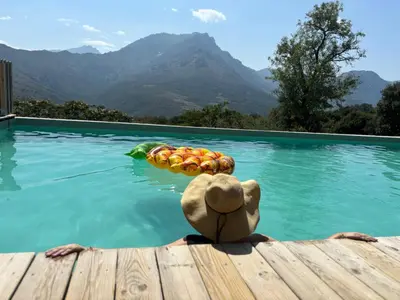 a teddy bear sitting on a table next to a swimming pool at Dôme étoilé in Vallica