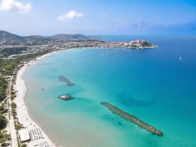 an aerial view of a beach and the ocean at 1st floor apartment in 18th century character house in Calvi