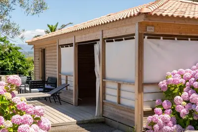 a wooden cabin with white curtains on a deck with pink flowers at Résidence & Hotel U Livanti ECOLABEL in Propriano
