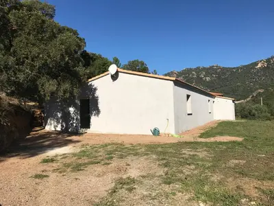 a white building in a field next to a tree at Plain pied idéalement situé in Sainte-Lucie de Porto-Vecchio