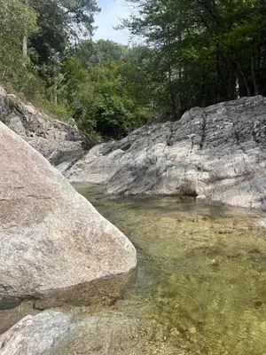 a river with rocks and trees in the background at Relais - U Machjonu in Tolla